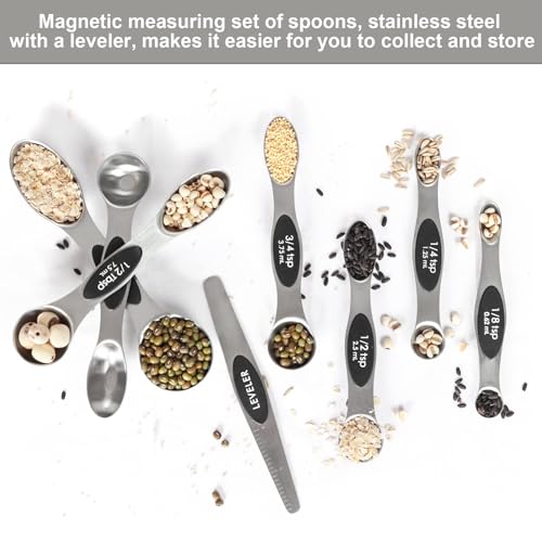 Magnetic Measuring Spoons Set Stainless Steel with Leveler (Silver)