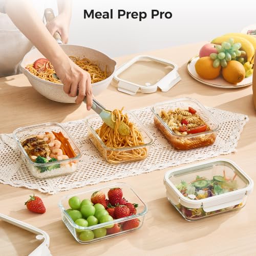 5 Pack Glass Food Storage Containers with Glass Lids & Air Vent (White / 35oz)