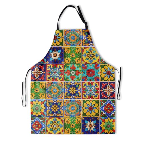 Mexican Tiles Chef Apron with 2 Pockets Adjustable Chef Aprons for Men Women Cooking Baking (33" x 28"(Pack of 1) / Mexican Tiles Coloful)