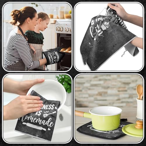 8 Pcs Kitchen Towels and Oven Mitts Sets Pot Holders Dishcloths Set Kitchen Decorative Accessories Absorbent Potholders Heat Resistant for Chef Baking Cooking (Black / Simple)