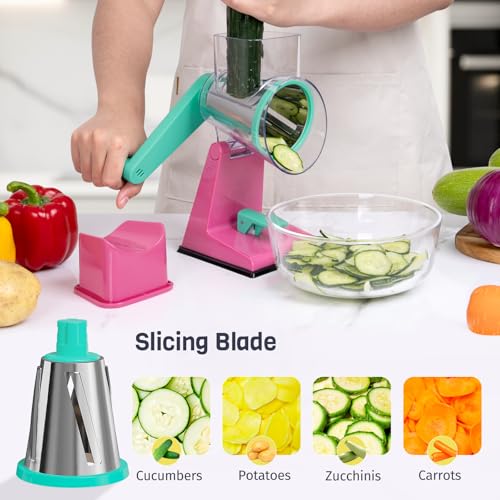 Upgraded Rotary Cheese Grater with 3 Interchangeable Stainless Steel Drums (Rose-red & Green)