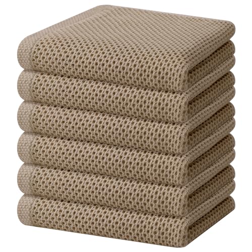 100% Cotton Waffle Weave Kitchen Dish Towels 6 (Tan / 13 X 28 - 6 Pack)