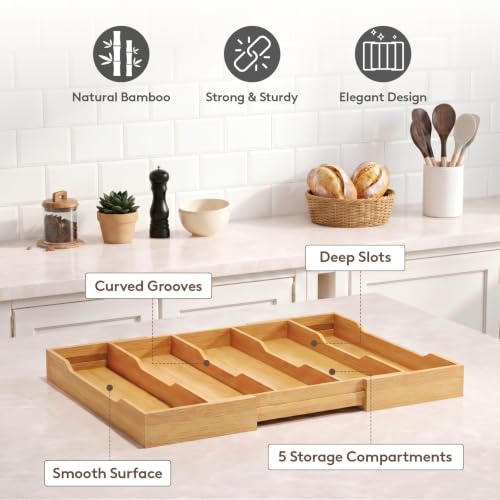 Bamboo Utensil Organizer for Kitchen Drawer (Natural / 12.6~22.8''W x 14'' D)