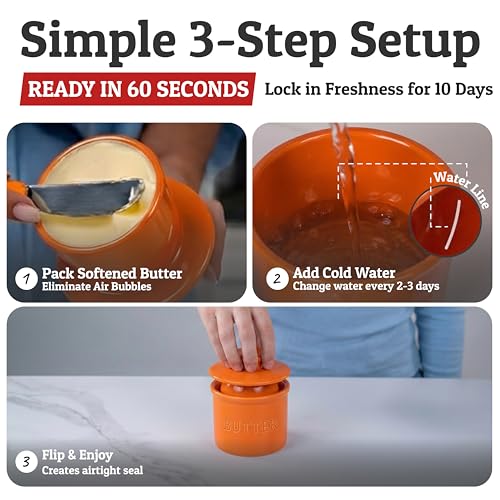 Butter Crock with Lid for Countertop with Spreader Knife and Water Line (Orange Clown Fish / Regular)