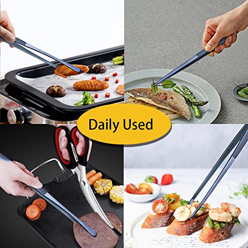 2 Pcs 12 Inch Cooking Tweezer Tongs Stainless Steel Kitchen Tweezers Plating Tongs (12+12 Inch / Navy Blue)
