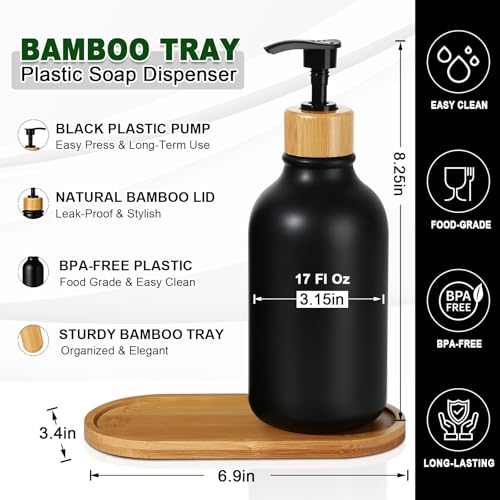 Hand and Dish Soap Dispenser Set (Black / 2 Bottles with Bamboo Tray)