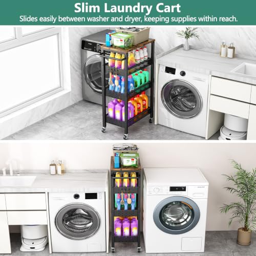 4 Tier Laundry Utility Rolling Cart with Wheels (Black / 8.1 inch wide)