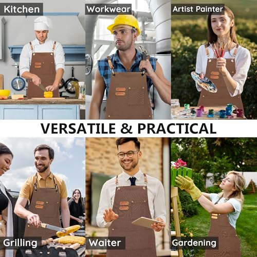 Chef Canvas Aprons with 3 Large Pockets Adjustable Strap for Men Women (Brown)