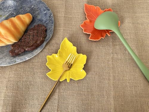 Cute Ceramic Spoon Rest & Holder for Stove Top & Kitchen Counter Ladle Holder Cooking Spoon Coffee Spoon Rest Utensil Rest Spatula Rest (Maple, Fall Yellow)