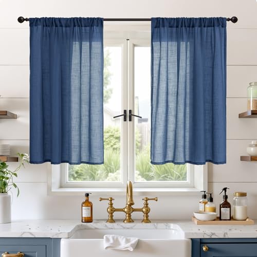 Short Navy Blue Semi Sheer Curtains 40 Inch Length for Windows (Navy / 30"W x 40"L (Pack of 2))