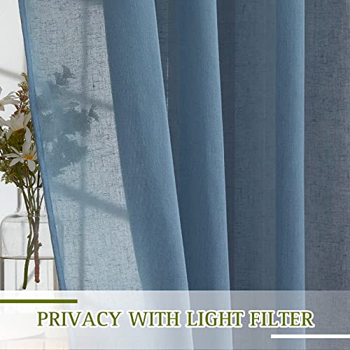 Flax Linen Sheer Curtains for Living Room (52"W x 96"L (Pack of 2) / Stone Blue)