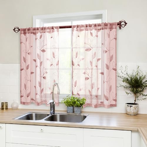 Blush Pink Kitchen Tier Curtains Leaf Embroidered (30"W x 36"L (Pack of 2) / Blush Pink)