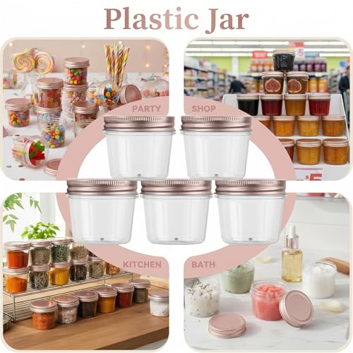 4 oz Plastic Small Mason Jars and Small Plastic Jars with Lids (20 Pack 4 Ounce / Rose Gold)