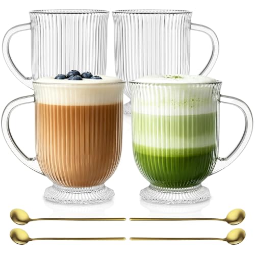 16oz Glass Coffee Mugs with Handles and Spoon Set of 4 Ribbed Mug (Ribbed)