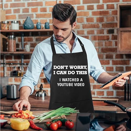 Funny Apron for Men Women 100% Cotton Don't Worry I Can Do This Adjustable Bib Aprons with 2 Pockets Funny Gifts Grilling Grill Kitchen Cooking BBQ Black (Don't Worry I Can Do This)