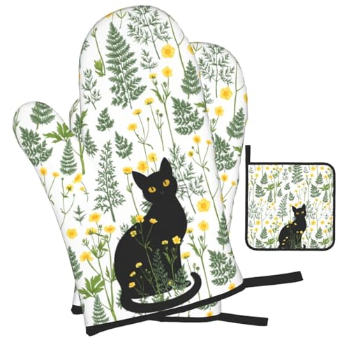 Black Cat Wildflower Hot Pads and Oven Mitts Set of 3 (Wildflower)