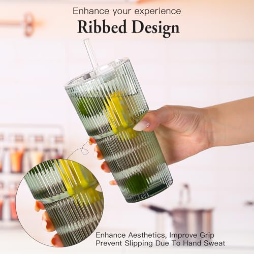 4PCS Green Ribbed Glass Cups with Lids and Straws (Green-4)