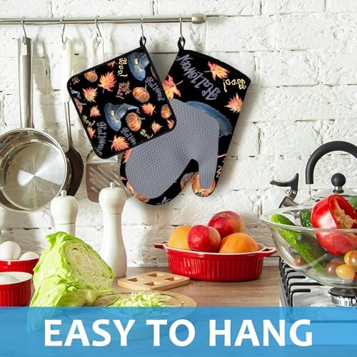 Halloween Pumpkin Autumn Maple Leave Oven Mitts and Pot Holders Sets Heat Resistant 4Pcs Potholders Oven Gloves Hot Pads for Kitchen Baking Cooking Grilling BBQ (Halloween Pumpkin Autumn Maple Leave)