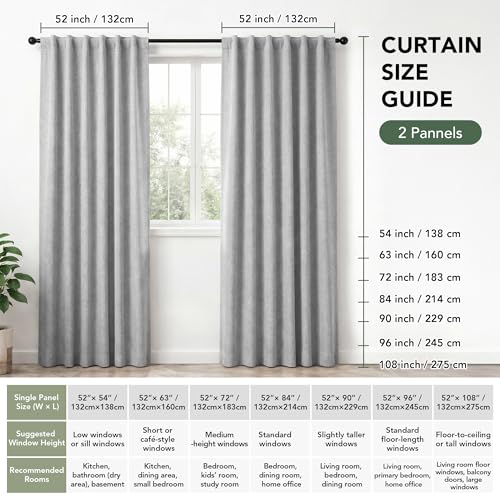 100% Blackout Linen Curtains for Bedroom Living Room 63 Inch Long (Light Grey/100% Blackout / 52"W x 63"L (Pack of 2))