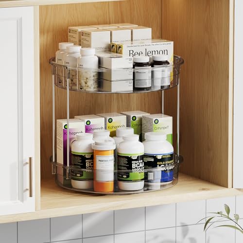 12 inch 2 Tier Lazy Susan Turntable Organizer Rotating Spice Rack Organization for Cabinet (Gray / 12in 1Pack High Edge)