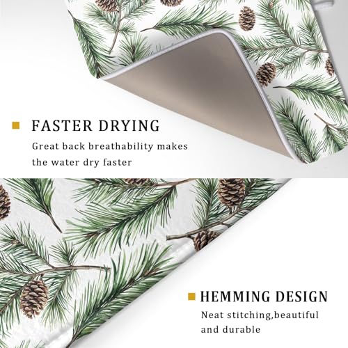 Winter Dish Drying Mat for Kitchen Counter Pine Needle Cone Festival Xmas Microfiber Absorbent Dish Draining Reusable Washable Foldable Extra Large 18"x24" (24" x 18")