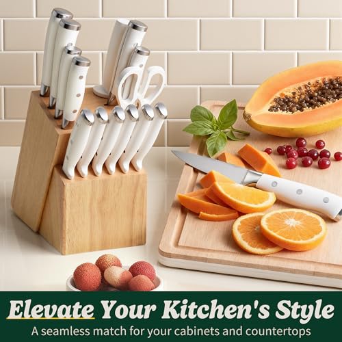 Knife Set 15 Piece Premium Chef High Carbon Stainless Steel Kitchen Knife Block Set (White)