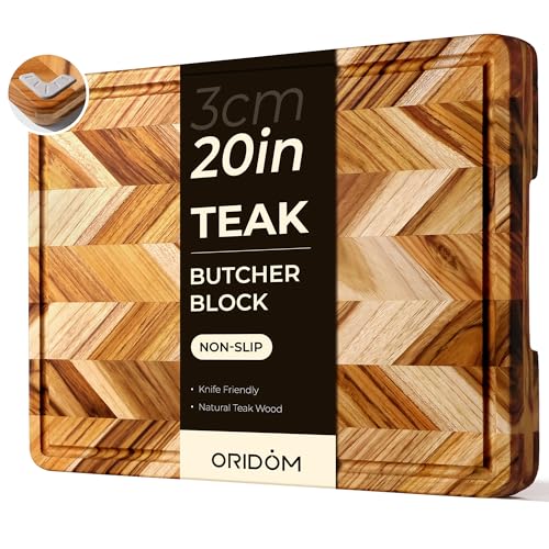 Teak Wood Cutting Board for Kitchen Extra 20'' Large End Grain Heavy Duty Checkered Wooden Cutting Board Non Toxic Herringbone Non Slip Charcuterie Butcher Block Juice Groove Handle Gift Box (20"L x 15"W x 1.25"H)