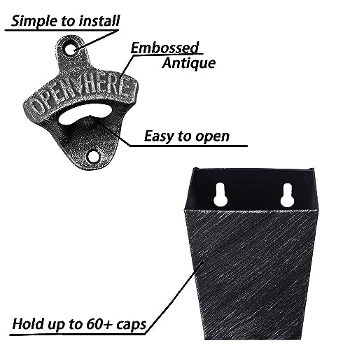 Old Fashioned Cast Iron Beer Cap Opener Wall Mounted Bottle Opener with Cap Catcher Narrow Bundle (Aged Silver)