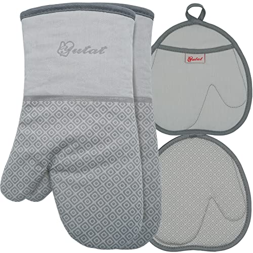 Oven Mitts Oven Mitts and Pot Holders Sets Made of Non (4PCS-13"L x 7"w/Light Grey-HeartSet)
