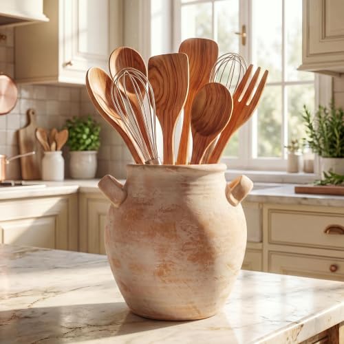 Rustic Utensil Crock Kitchen Vintage Utensil Holder (Rustic Beige)