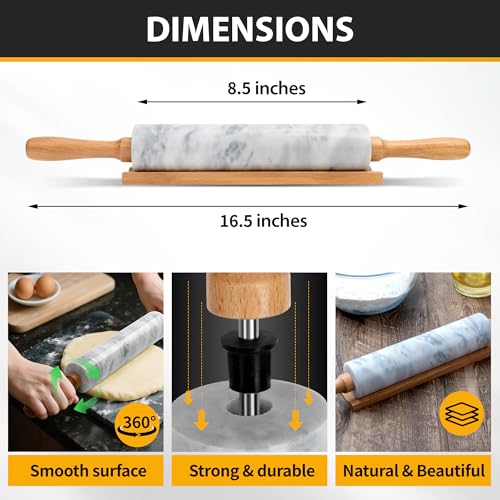 16.7 Inches Marble Rolling Pin for Baking with Wooden Handles & Wooden Cradle