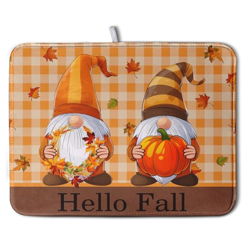 Hello Fall Autumn Gnomes Dish Drying Mat 16x18 Thanksgiving Pumpkin Maple Leaves Harvest Kitchen Drying Mat Orange White Buffalo Plaid Dish Drainer Mat Ultra Absorbent Dish Rack Pad for Coffee Bar (Fall Gnome / 16" x 18")