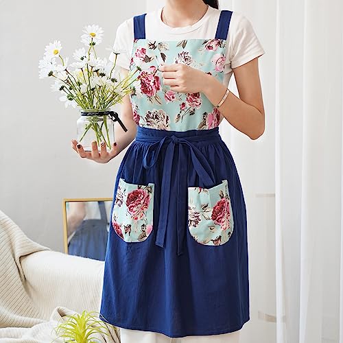 Vintage Pinafore Apron Dress for Women with Pockets Cute Floral Chef Aprons for Kitchen Cooking Baking Gardening (Navy)