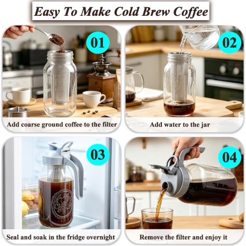 Cold Brew Coffee Maker 64oz Mason Jar Pitcher with Stainless Steel Filter (Grey-64OZ / 64 Ounces)