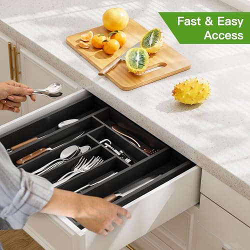 Bamboo Expandable Silverware Drawer Organizer (Black / Medium)