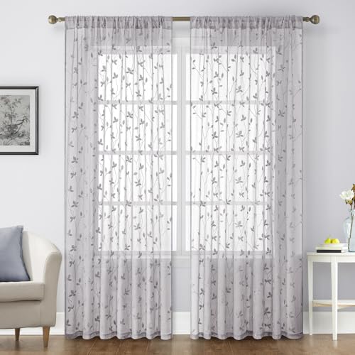 Light Grey Sheer Curtains Vine Embroidered (52"W x 96"L (Pack of 2) / Vine Light Grey)