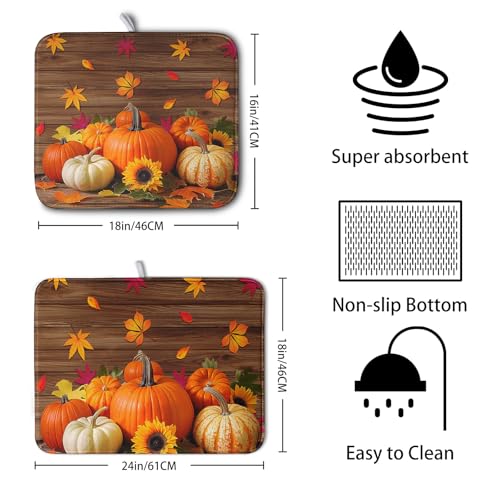 AutumnThanksgiving Pumpkin Dish Drying Mat for Kitchen Counter 18x24 Inch Fall Sunflowers Maple Leaves Harvest Kitchen Drying Mat Microfiber Super Absorbent Dish Rack Drainer Mat with Hanging Loop (Pumpkin / 18" x 24")