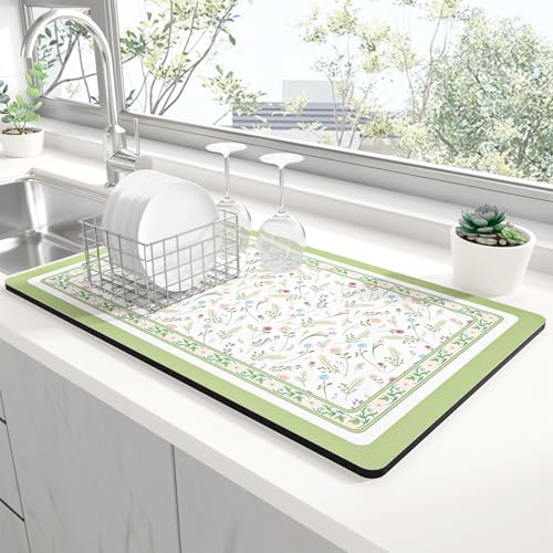 Dish Drying Mat for Kitchen Counter (Green Floral Geometric / 12" x 19")