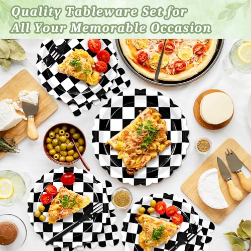 100 Pcs Black Checkered Paper Plates and Napkins Disposable Set for Party (Black Checkered 100 Plate Set / 7 & 9-inch Set)