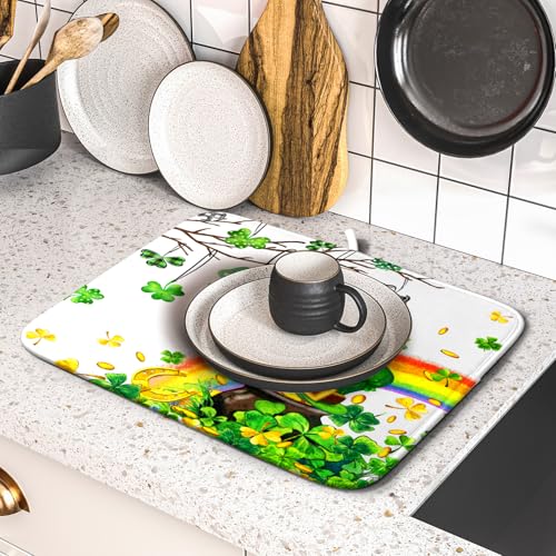 St Patrick Dish Drying Mat Small Lucky Clover Tree Shamrock Dish Drainer Mats 16x18inch Spring Elf Hat Rainbow Colorful Fast Drying Absorbent Dish Drying Pad for Kitchen Counter Decor (18" x 16")