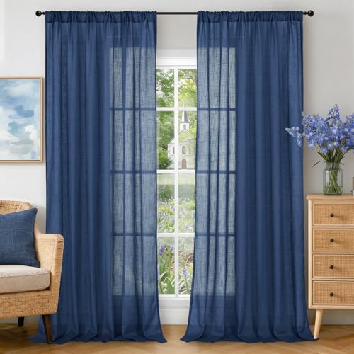 Linen Navy Blue Curtains 96 Inches Long for Living Room 2 Panels Set (Navy / 52"W x 96"L (Pack of 2))