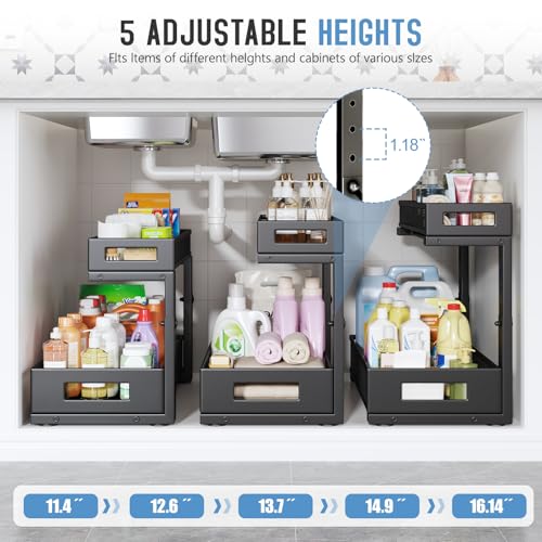 2 Pack 17IN Depth Under Sink Storage Organizer (Black / 2 Pack-17"Dx11.4"-16.14"H)