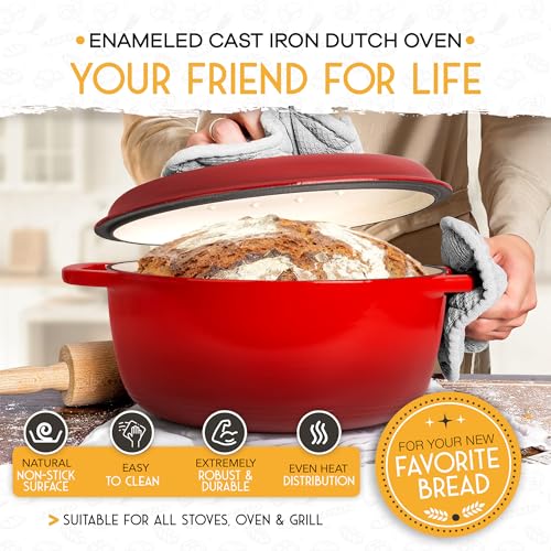 6 QT Enameled Cast Iron Dutch Oven for Bread Baking with Lid (6 Quart / Red)