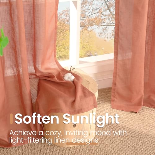 Terracotta Linen Sheer Curtains 63 Inches Long for Living Room (Terracotta / 52"W x 63"L (Pack of 2))