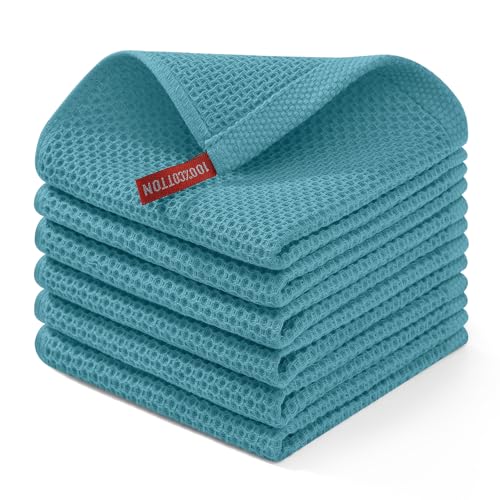 100% Cotton Waffle Weave Kitchen Dish Cloths 6 (Lake Blue / 12 X 12 - 6 Pack)