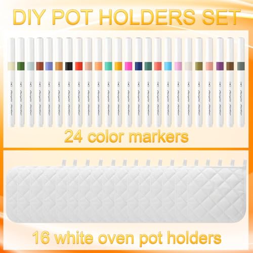 40 Pcs Pot Holder Bulk for Craft Set Including 16 White Pot Holders Oven Mitts Pack with 24 Makers Cooking Baking DIY Activities Kitchen Accessories