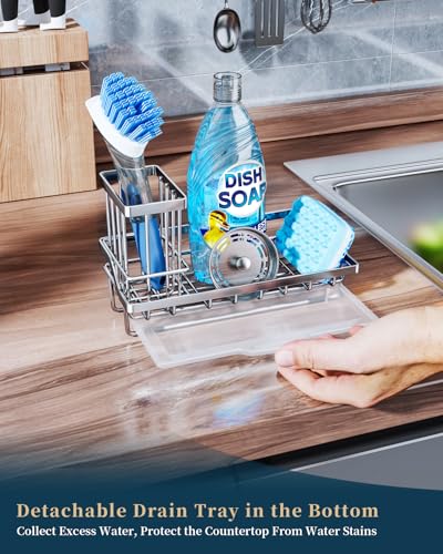 Sink Caddy Kitchen Sponge Holder with Dish Brush Holder (A-silver)