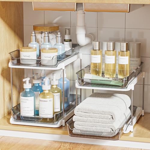 2-Tier Multi-Purpose Bathroom Under Sink Organizers and Storage, Stackable Kitchen Pantry Organization, Pull Out Medicine Cabinet Organizer with Movable Dividers, Grey, 2 Pack (Grey / 2 Pack)