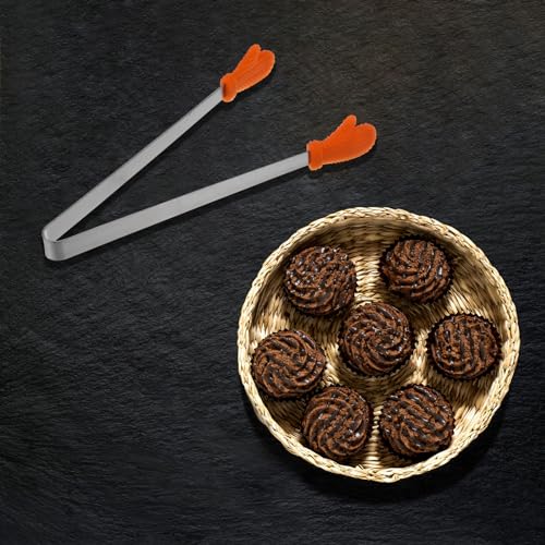 Mini Food Tongs 5.5" Gloves Shape Stainless Steel with Silicon Tips Small Cooking Tongs Kitchen Food Tongs Serving Tongs for Cooking Grilling BBQ Barbecue Kitchen (Orange)