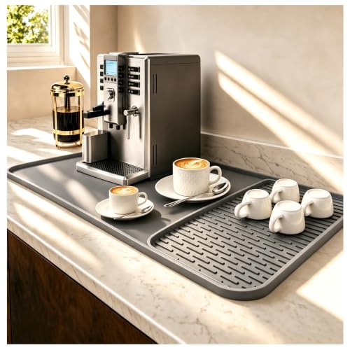2 In 1 Silicone Coffee Bar Mat Accessories Detachable Dish Drying Rug Rack Stone for Kitchen Countertop Under Sink Home House Apartment Office Essentials Espresso Machine Must Have (Gray / 16" x 16")